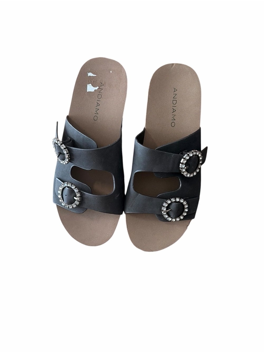 Andiamo Black Slide Sandals with Rhinestone Buckle Accents
